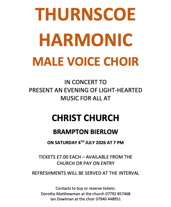male voice choir event at Brampton Bierlow July 4th 2026